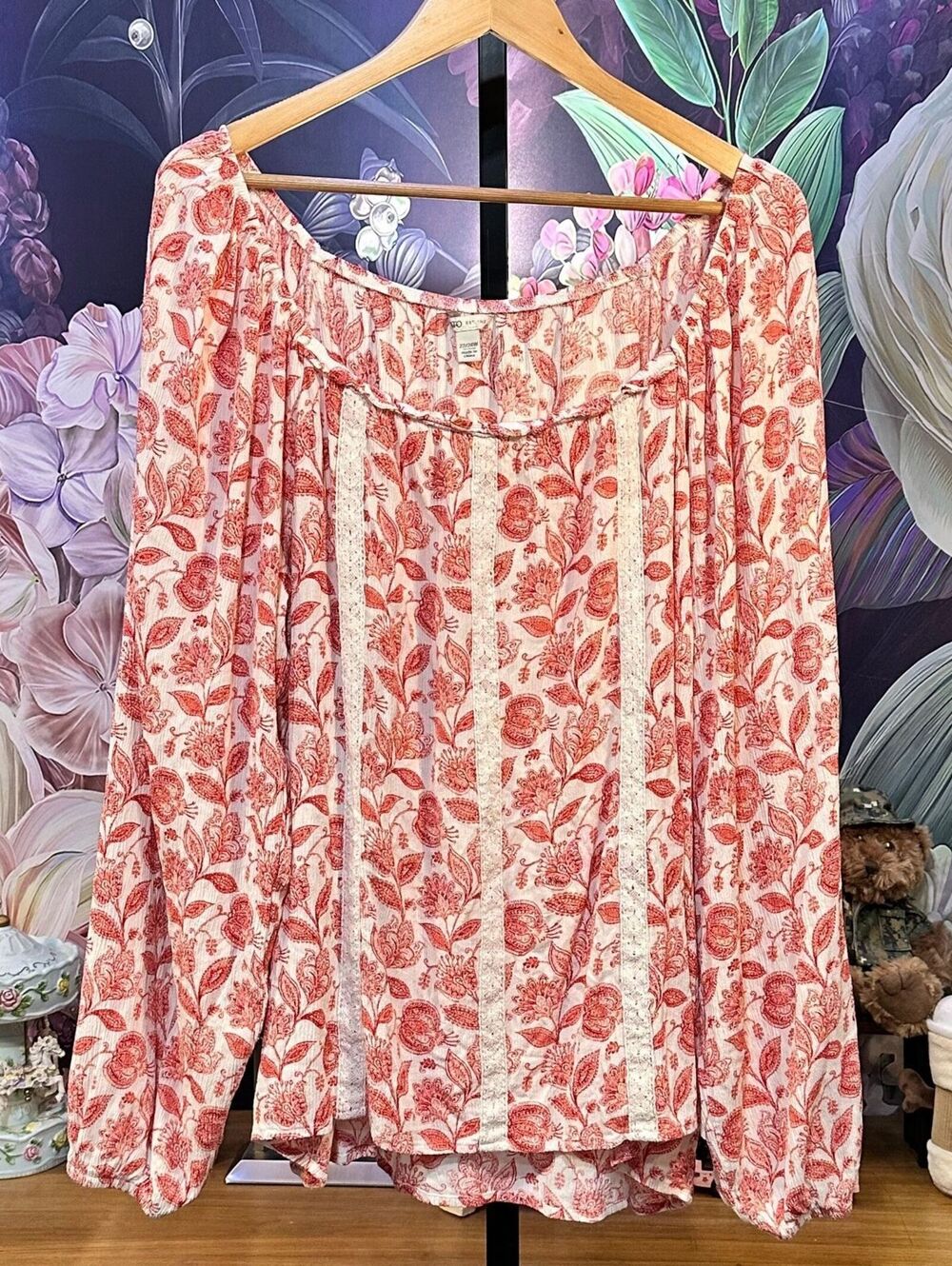 Cato 22/24W Floral Long Sleeve Blouse Boho Casual Coquette Cottagecore Coral